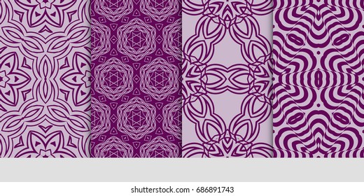 set of 4 geometric floral seamless pattern. Vector illustration. for printing on fabric, paper for scrapbooking, wallpaper, cover, page book. purple color