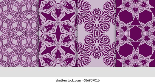 set of 4 geometric floral seamless pattern. Vector illustration. for printing on fabric, paper for scrapbooking, wallpaper, cover, page book. purple color