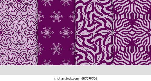 set of 4 geometric floral seamless pattern. Vector illustration. for printing on fabric, paper for scrapbooking, wallpaper, cover, page book. purple color