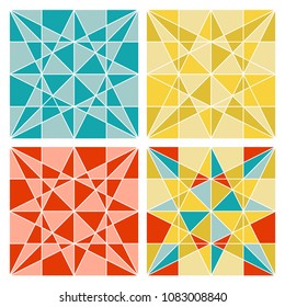 Set of 4 geometric images. Abstract colorful art. Vector graphics. Combination of yellow, blue and red elements. Modern backrounds and wallpapers. Polygonal background.