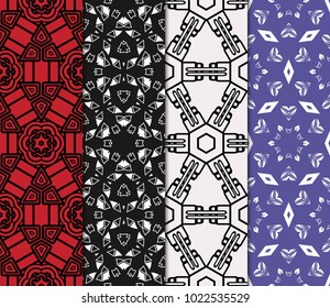 set of 4 geometric pattern, floral lace geometric ornament. Ethnic ornament. Vector illustration. For greeting cards, invitations, cover book, fabric, scrapbooks.