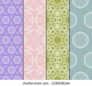 Set Of 4 Geometric Pattern, Floral Lace Geometric Ornament. Ethnic Ornament. Vector Illustration. For Greeting Cards, Invitations, Cover Book, Fabric, Scrapbooks