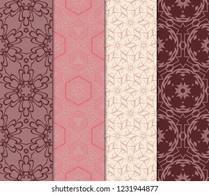 Set Of 4 Geometric Pattern, Floral Lace Geometric Ornament. Ethnic Beautiful Ornament. Vector Illustration. For Greeting Cards, Invitations, Cover Book, Fabric, Scrapbooks