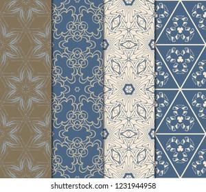 Set Of 4 Geometric Pattern, Floral Lace Geometric Ornament. Ethnic Beautiful Ornament. Vector Illustration. For Greeting Cards, Invitations, Cover Book, Fabric, Scrapbooks