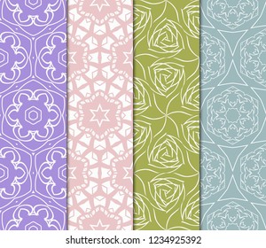 Set Of 4 Geometric Pattern, Floral Lace Geometric Ornament. Ethnic Beautiful Ornament. Vector Illustration. For Greeting Cards, Invitations, Cover Book, Fabric, Scrapbooks