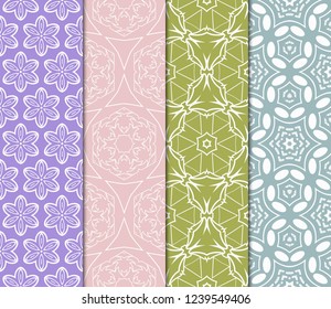 Set Of 4 Geometric Pattern, Floral Lace Geometric Ornament. Ethnic Ornament. Vector Illustration. For Greeting Cards, Invitations, Cover Book, Fabric, Scrapbooks