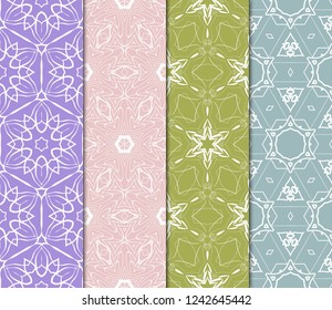 Set Of 4 Geometric Pattern, Floral Lace Geometric Ornament. Ethnic Ornament. Vector Illustration. For Greeting Cards, Invitations, Cover Book, Fabric, Scrapbooks