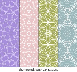Set Of 4 Geometric Pattern, Floral Lace Geometric Ornament. Ethnic Ornament. Vector Illustration. For Greeting Cards, Invitations, Cover Book, Fabric, Scrapbooks