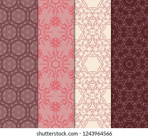 Set Of 4 Geometric Pattern, Floral Lace Geometric Ornament. Ethnic Beautiful Ornament. Vector Illustration. For Greeting Cards, Invitations, Cover Book, Fabric, Scrapbooks