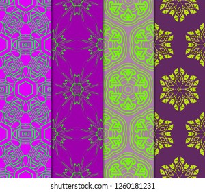 Set Of 4 Geometric Pattern, Floral Lace Geometric Ornament. Ethnic Ornament. Vector Illustration. For Greeting Cards, Invitations, Cover Book, Fabric, Scrapbooks.