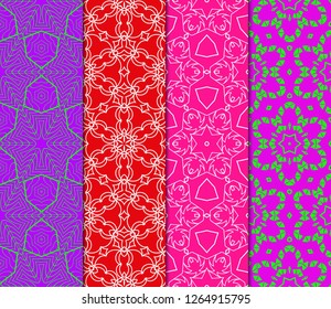 Set Of 4 Geometric Pattern, Floral Lace Geometric Ornament. Ethnic Beautiful Ornament. Vector Illustration. For Greeting Cards, Invitations, Cover Book, Fabric, Scrapbooks.