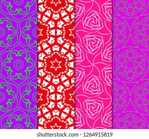 Set Of 4 Geometric Pattern, Floral Lace Geometric Ornament. Ethnic Beautiful Ornament. Vector Illustration. For Greeting Cards, Invitations, Cover Book, Fabric, Scrapbooks.