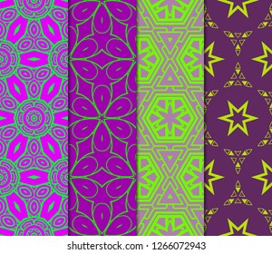 Set Of 4 Geometric Pattern, Floral Lace Geometric Ornament. Ethnic Beautiful Ornament. Vector Illustration. For Greeting Cards, Invitations, Cover Book, Fabric, Scrapbooks.