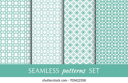 Set of 4 geometric patterns. Line backgrounds collection. Tribal ethnic ornaments in arabian, indian style. Repeating linear texture for textile fabric or paper print. Green and white