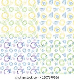 Set of 4 geometric repeat patterns with circle and triangle outlines in pastel colors. Minimalist musical background.