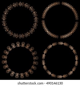 Set of 4 geometric round floral frames in Art Deco style. Vector illustration, design elements. Four golden frames isolated on black background,