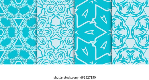 set of 4 geometric seamless pattern. vector illustration. for fabric print, wallpaper. blue color