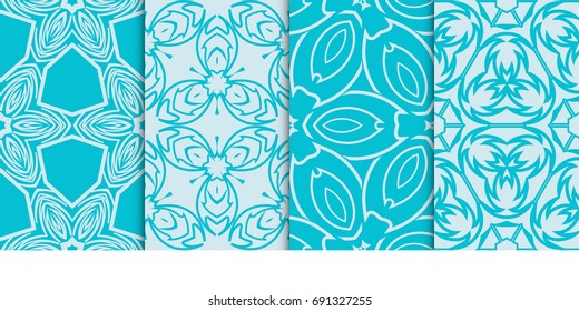 set of 4 geometric seamless pattern. vector illustration. for fabric print, wallpaper. blue color