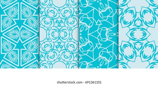 set of 4 geometric seamless pattern. vector illustration. for fabric print, wallpaper. blue color