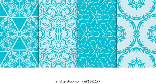 set of 4 geometric seamless pattern. vector illustration. for fabric print, wallpaper. blue color