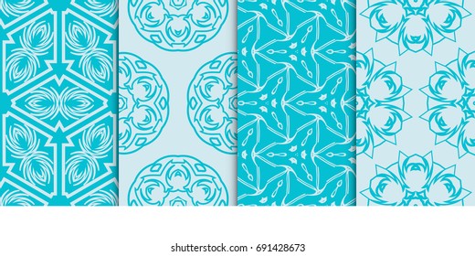 set of 4 geometric seamless pattern. vector illustration. for fabric print, wallpaper. blue color
