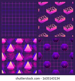 Set of 4 geometric seamless patterns in vaporwave, retrowave, cyberpunk aesthetics. Futuristic digital vector wallpapers. Laser grid backgrounds.	