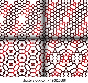 set of 4 geometric seamless patterns. vector illustration. red gradient