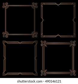 Set of 4 geometric square frames in Art Deco style. Vector illustration, design elements. Four golden frames isolated on black background,