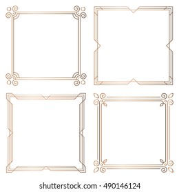 Set of 4 geometric square frames in Art Deco style. Vector illustration, design elements. Four golden frames isolated on white background,