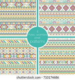Set of 4 geometric tribal aztec pixel seamless patterns. Retro vector cross stitch embroidery background. Abstract design. Ethnic hipster backdrop. 
