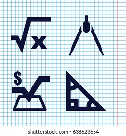 Set of 4 geometry filled icons such as mathematical square, compass, square root