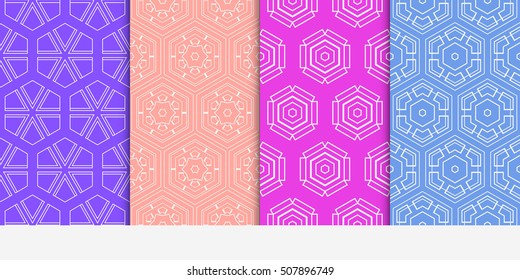 set of 4 geometry seamless pattern. abstract geometry shape triangle, hexagon. vector illustration. modern ornament. For design, wallpaper, background fills, card, banner, flyer. color