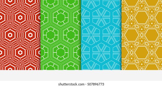 set of 4 geometry seamless pattern. abstract geometry shape triangle, hexagon. vector illustration. modern ornament. For design, wallpaper, background fills, card, banner, flyer. color