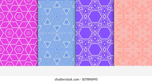 set of 4 geometry seamless pattern. abstract geometry shape triangle, hexagon. vector illustration. modern ornament. For design, wallpaper, background fills, card, banner, flyer. color