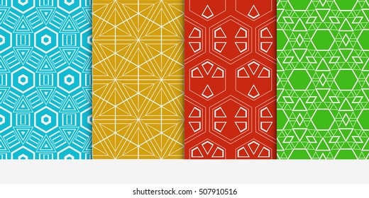 set of 4 geometry seamless pattern. abstract geometry shape triangle, hexagon. vector illustration. modern ornament. For design, wallpaper, background fills, card, banner, flyer. color