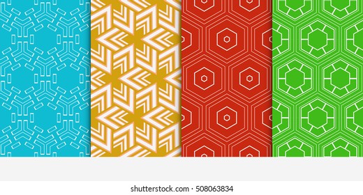 set of 4 geometry seamless pattern. abstract geometry shape triangle, hexagon. vector illustration. modern ornament. For design, wallpaper, background fills, card, banner, flyer. color
