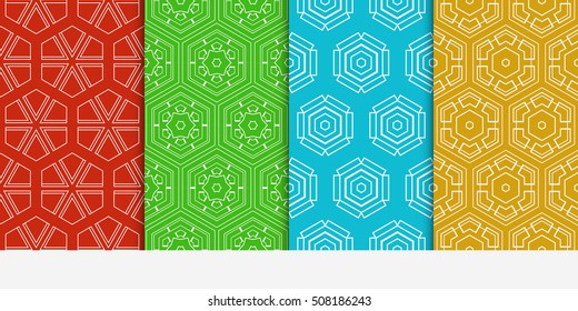 set of 4 geometry seamless pattern. abstract geometry shape triangle, hexagon. vector illustration. modern ornament. For design, wallpaper, background fills, card, banner, flyer. color