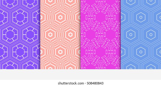 set of 4 geometry seamless pattern. abstract geometry shape triangle, hexagon. vector illustration. modern ornament. For design, wallpaper, background fills, card, banner, flyer. color
