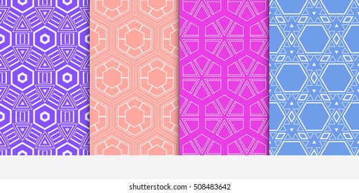 set of 4 geometry seamless pattern. abstract geometry shape triangle, hexagon. vector illustration. modern ornament. For design, wallpaper, background fills, card, banner, flyer. color