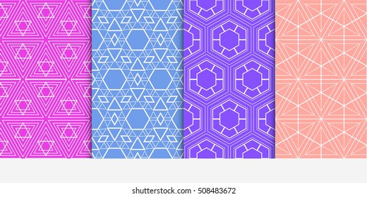 set of 4 geometry seamless pattern. abstract geometry shape triangle, hexagon. vector illustration. modern ornament. For design, wallpaper, background fills, card, banner, flyer. color