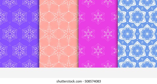 set of 4 geometry seamless pattern. abstract flowers on a gentle color background. Texture for holiday cards, Valentines day,  pattern fills, web page, banner, flyer. Vector illustration.