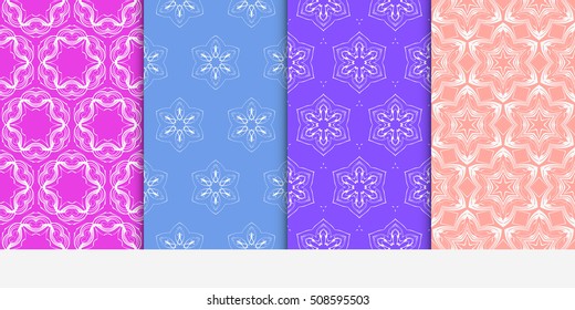 set of 4 geometry seamless pattern. abstract flowers on a gentle color background. Texture for holiday cards, Valentines day, wedding invitations, pattern fills, flyer. Vector illustration.