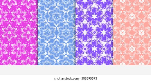 set of 4 geometry seamless pattern. abstract flowers on a gentle color background. Texture for holiday cards, Valentines day, pattern fills, web page, banner, flyer. Vector illustration.