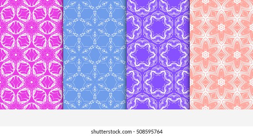 set of 4 geometry seamless pattern. abstract flowers on a gentle color background. Texture for holiday cards, Valentines day, wedding invitations, banner, flyer. Vector illustration.
