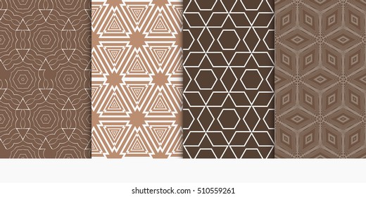 set of 4 geometry seamless pattern. shape triangle, hexagon. vector illustration. modern ornament. For design, wallpaper, background fills, card, banner. brown color