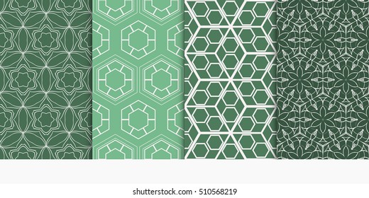 set of 4 geometry seamless pattern. geometry shape triangle, hexagon, cube. vector illustration. modern ornament. green color. For design, wallpaper, background fills, card, banner.