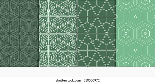 set of 4 geometry seamless pattern. abstract geometry shape triangle, hexagon. vector illustration. modern ornament. For design, wallpaper, background fills, card, banner. green color