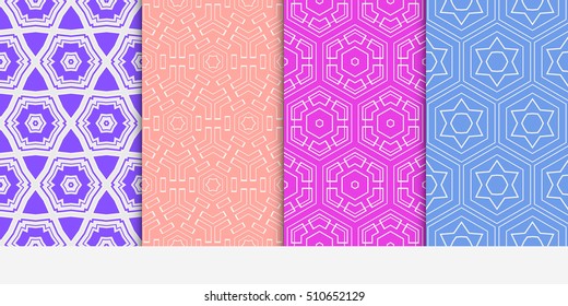 set of 4 geometry seamless pattern. shape triangle, hexagon. vector illustration. modern ornament. For design, wallpaper, background fills, card, banner, flyer. color