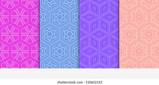 set of 4 geometry seamless pattern. shape triangle, hexagon. vector illustration. modern ornament. For design, wallpaper, background fills, card, banner, flyer. color