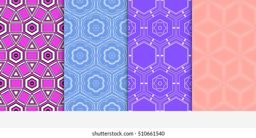 set of 4 geometry seamless pattern. shape triangle, hexagon. vector illustration. modern ornament. For design, wallpaper, background fills, card, banner, flyer. color
